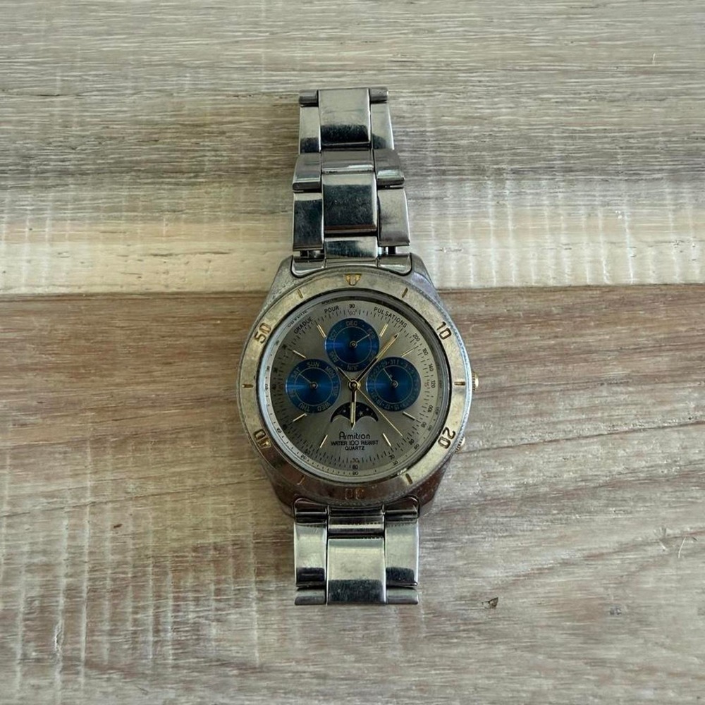 2000s Amitron Chronograph Watch with Blue Subdials and Moon Phase Display